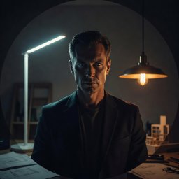Circular portrait of a modern lighting designer in a dim room